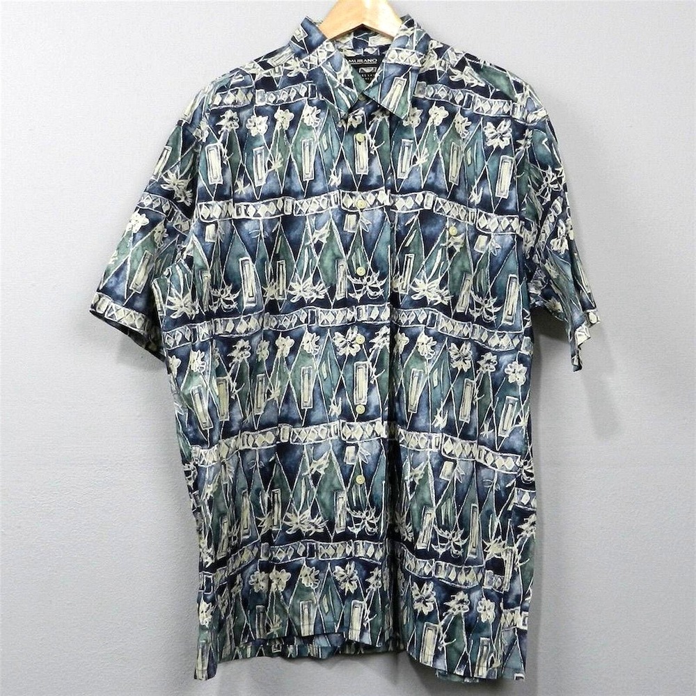 Vintage 90s Murano Hawaiian Shirt Size L Blue Green Tropical‎ Batik Cotton Lawn